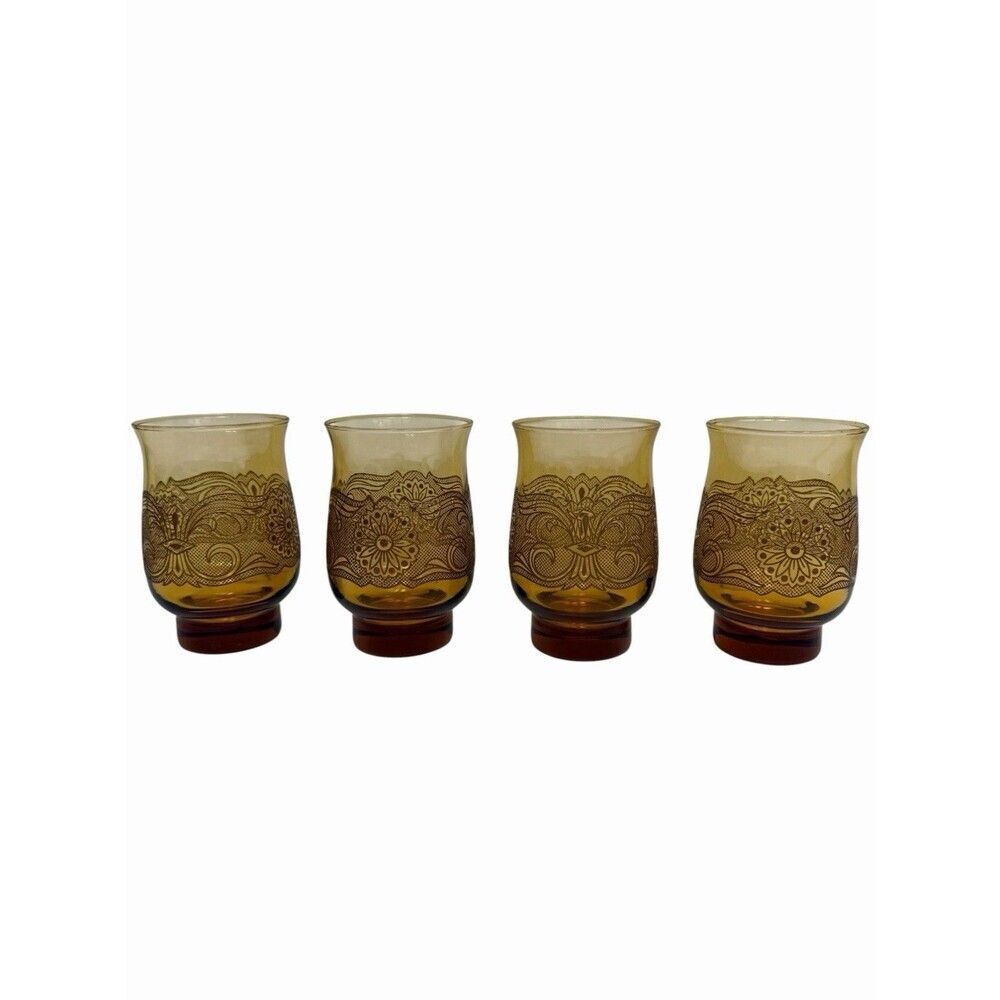 Vintage Libbey Americana Amber Glass Tumbler Set Of 4 Embossed Floral Design